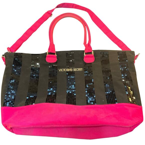 Victoria Secret Pink and Black Sequin Stripe Weekender Shoulder Tote Bag - Picture 1 of 9